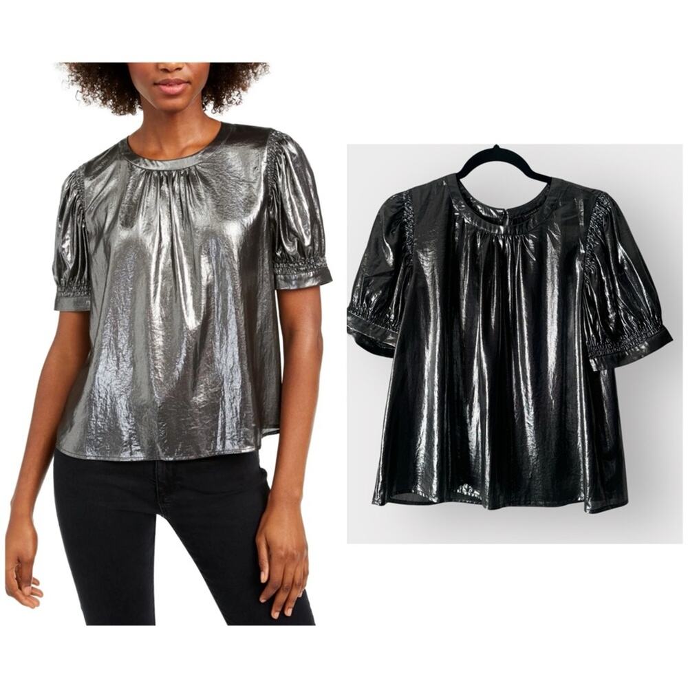CURRENT AIR Womens Silver Short Sleeve Crew Neck Evening Top